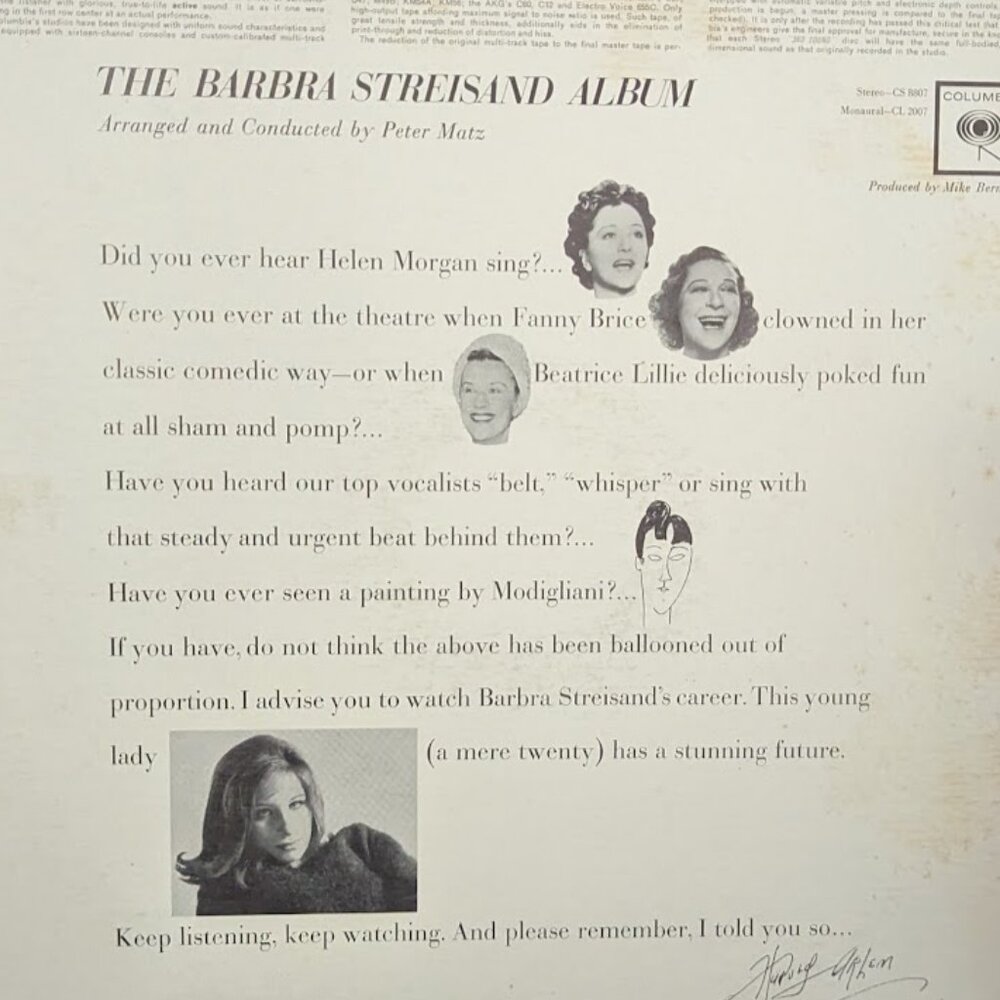 Barbra Streisand The Barbra Streisand Album 1963 VTG record LP Babs vintage - Picture 2 of 2